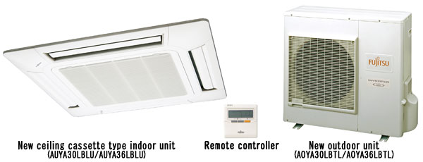 Photo of the new ceiling cassette type indoor unit and Remote controller, new outdoor unit