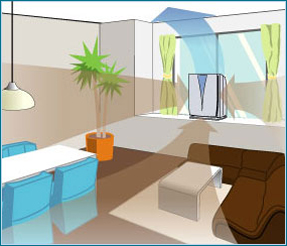 お部屋の汚れた空気を3面からハイパワーに吸込み、新鮮空気をスピーディーに放出するイメージ図