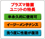 プラズマ除菌ユニットの特長！半永久的に使用可能です。イージーメンテナンス。洗う度に性能が復活します。