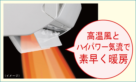 高温風とハイパワー気流で素早く暖房。。