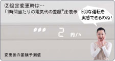 設定温度変更時は1時間当たりの電気代の差額を表示。