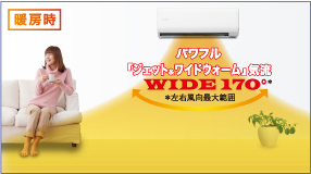 暖房時のパワフル「ジェットワイドウォーム」気流左右風向最大範囲170度。