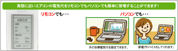 実態に近いエアコンの電気代をリモコンでもパソコンでも簡単に管理できます。