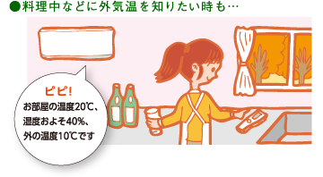 料理中などに外気温を知りたい時も・・・ピピ！お部屋の温度20度、湿度およそ40%、外の気温10度です。
