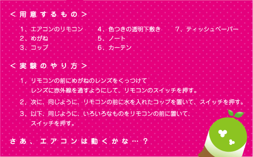 [クリヤくん] ：＜用意するもの＞１、エアコンのリモコン　２、めがね　３、コップ　４、色つきの透明下敷き　５、ノート　６、カーテン　７、ティッシュペーパー　＜実験のやり方＞１、リモコンの前にめがねのレンズをくっつけてレンズに赤外線を通すようにして、リモコンのスイッチを押す。　２、次に同じように、リモコンの前に水を入れたコップを置いて、スイッチを押す。　３、以下、同じように、いろいろなものをリモコンの前に置いて、スイッチを押す。　さあ、エアコンは動くかな・・・？