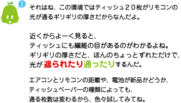 [ノックさん] ：それはね、この環境ではティッシュ20枚がリモコンの光が通るギリギリの厚さだからなんだよ。近くからよーく見ると、ティッシュにも繊維の目があるのがわかるよね。ギリギリの厚さだと、ほんのちょっとずれただけで、光が遮られたり通ったりするんだ。エアコンとリモコンの距離や、電池が新品かどうか、ティッシュペーパーの種類によっても通る枚数は変わるから、色々試してみてね。