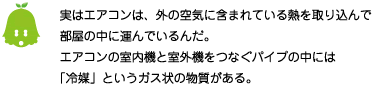 [ノックさん] ：実はエアコンは、外の空気に含まれている熱を取り込んで部屋の中に運んでいるんだ。エアコンの室内機と室外機をつなぐパイプの中には「冷媒」というガス状の物質がある。