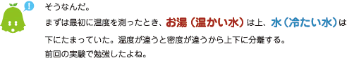 [ノックさん] ：そうなんだ。まずは最初に温度を測ったとき、お湯（温かい水）は上、水（冷たい水）は下にたまっていた。温度が違うと密度が違うから上下に分離する。前回の実験で勉強したよね。