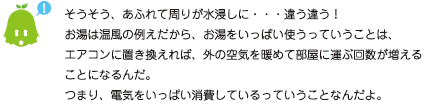 [ノックさん] ：そうそう、あふれて周りが水浸しに・・・違う違う！お湯は温風の例えだから、お湯をいっぱい使うっていうことは、エアコンに置き換えれば、外の空気を暖めて部屋に運ぶ回数が増えることになるんだ。つまり、電気をいっぱい消費しているっていうことなんだよ。