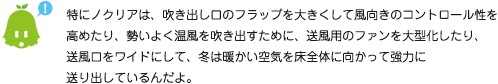[ノックさん] ：特に「ノクリア」は、吹き出し口のフラップを大きくして風向きのコントロール性を高めたり、勢いよく温風を吹き出すために、送風用のファンを大型化したり、送風口をワイドにして、冬は暖かい空気を床全体に向かって強力に送り出しているんだよ。