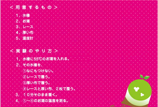 [ノックさん] ：＜用意するもの＞１、水槽　２、お湯　３、レース　４、厚い布　５、温度計 ＜実験のやり方＞１、水槽に55℃のお湯を入れて温度を測る。　２、その水槽を（１）なにもつけない。（２）レースで覆う。（３）厚い布で覆う、（４）レースと厚い布、２枚で覆う。３、10分そのまま置く。４、（１）～（４）のお湯の温度を測る。さあ、どんなことがわかるかな・・・？