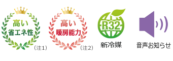高い省エネ性（注1）、高い暖房能力（注2）、新冷媒R32、音声お知らせ。