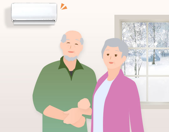 エアコンが家族をみまもるイメージ。