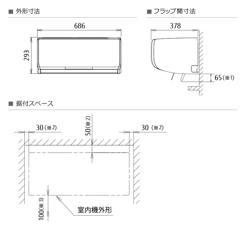 室内機外形寸法と据付スペース説明図