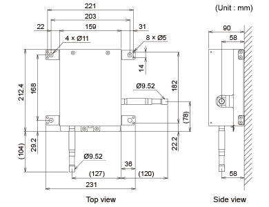 Dimensiones de la unidad EEV: 160 × 220 × 90 mm