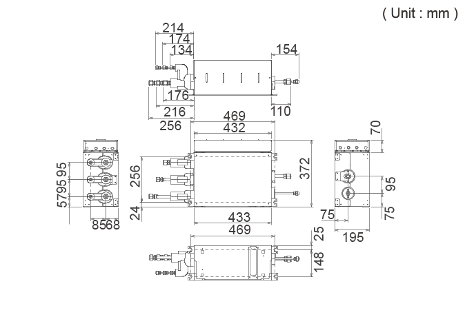 Dimensions du boîtier de raccordement : 195 × 433 × 370mm