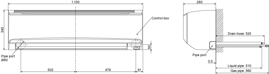 VRF Indoor Wall-Mounted (Built-in gas sensor) dimension