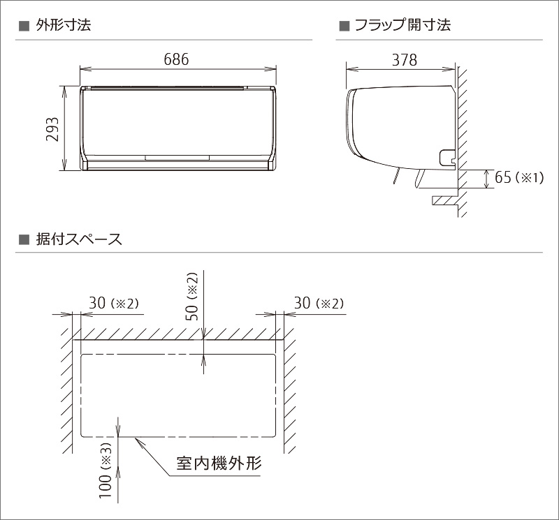 室内機寸法、据付スペース