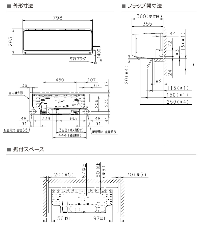 室内機寸法、据付スペース