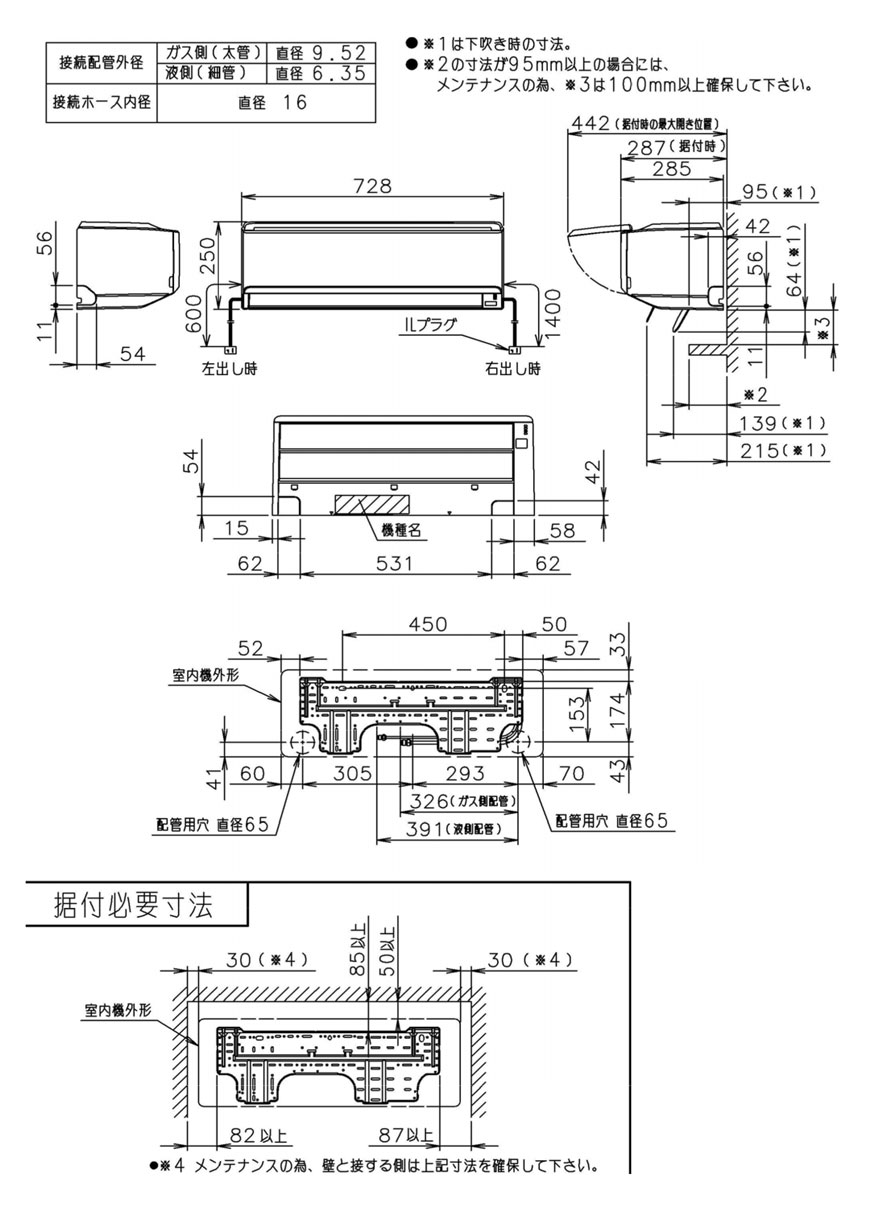 室内機寸法、据付スペース