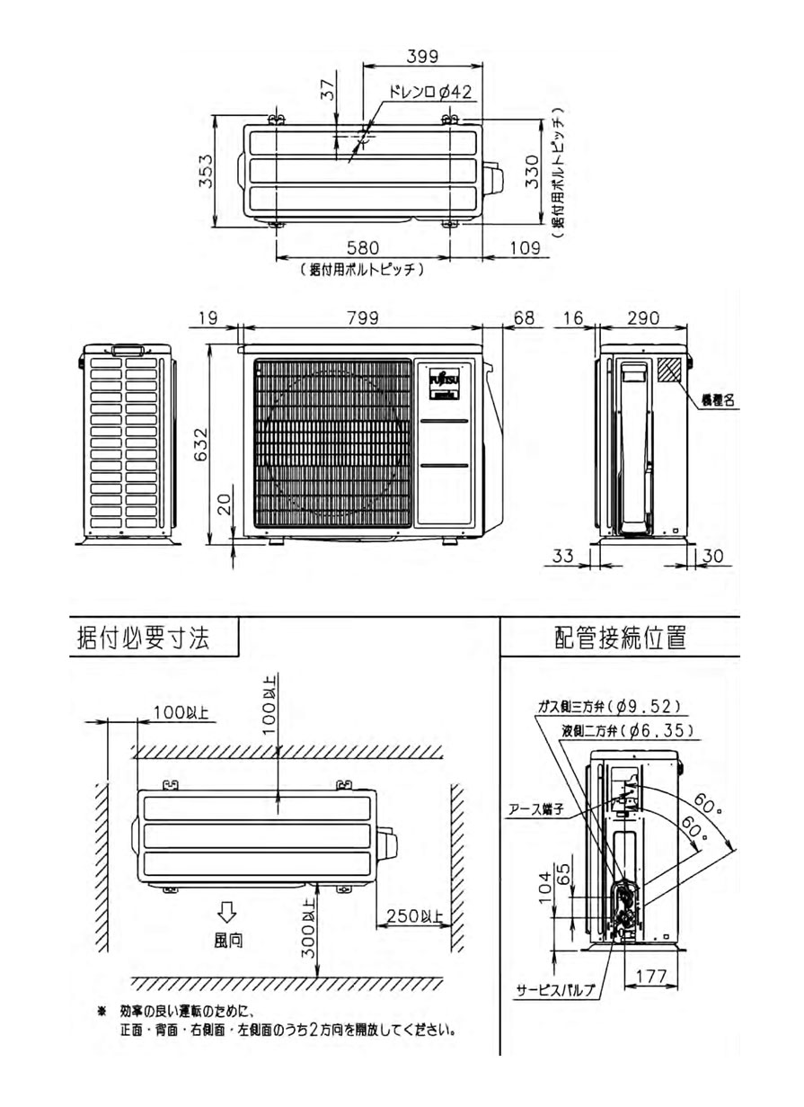 室外機寸法、据付スペース
