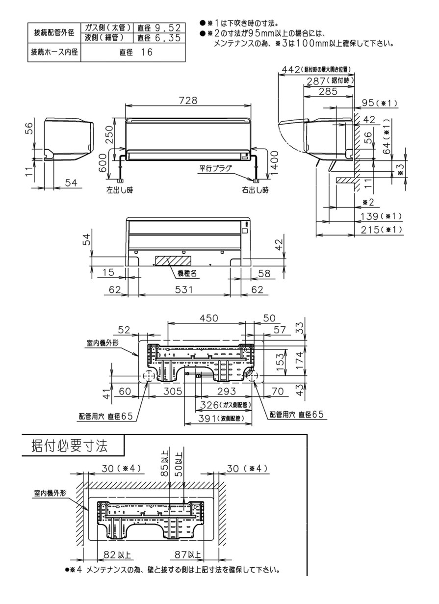 室内機寸法、据付スペース