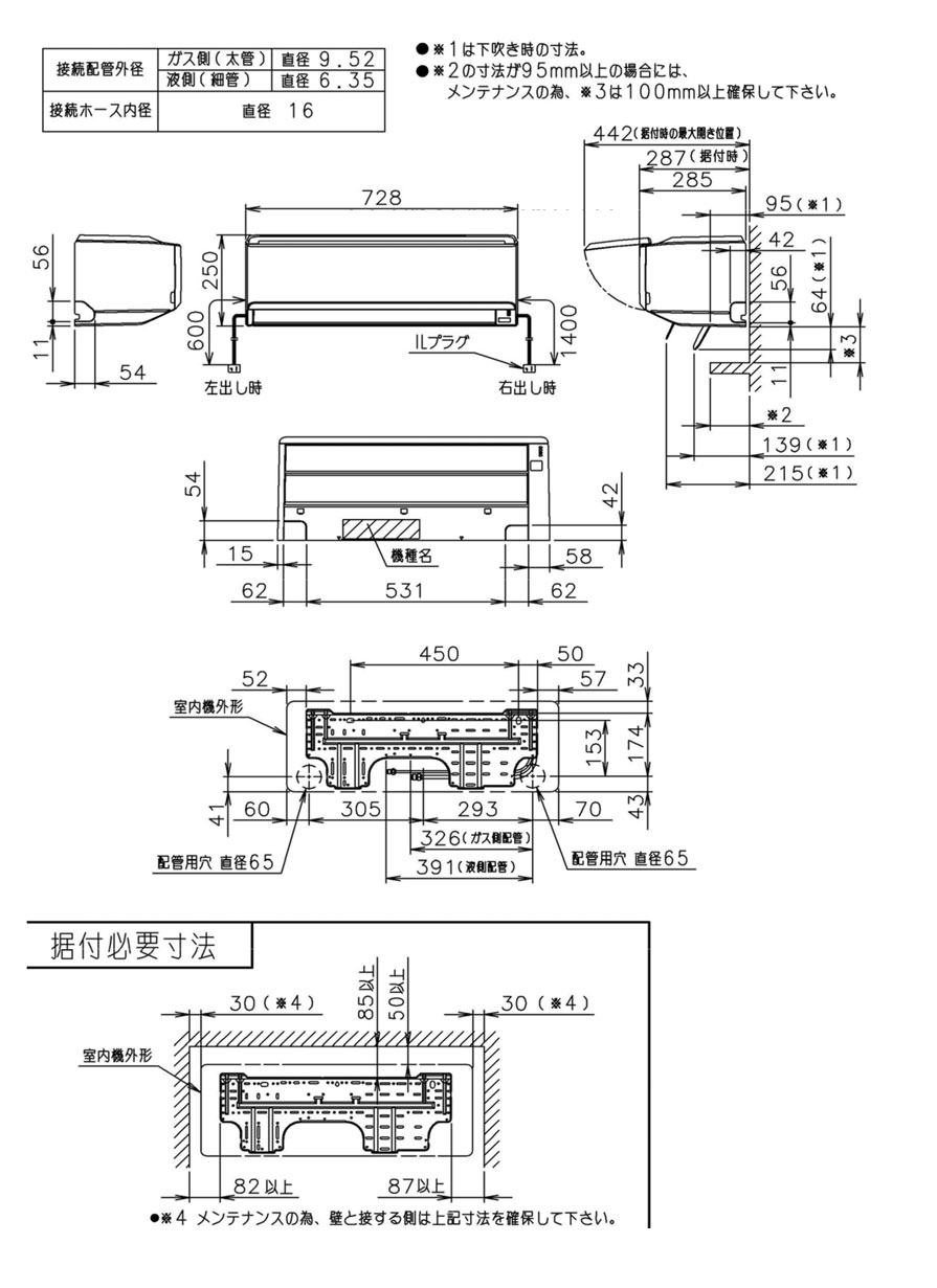 室内機寸法、据付スペース