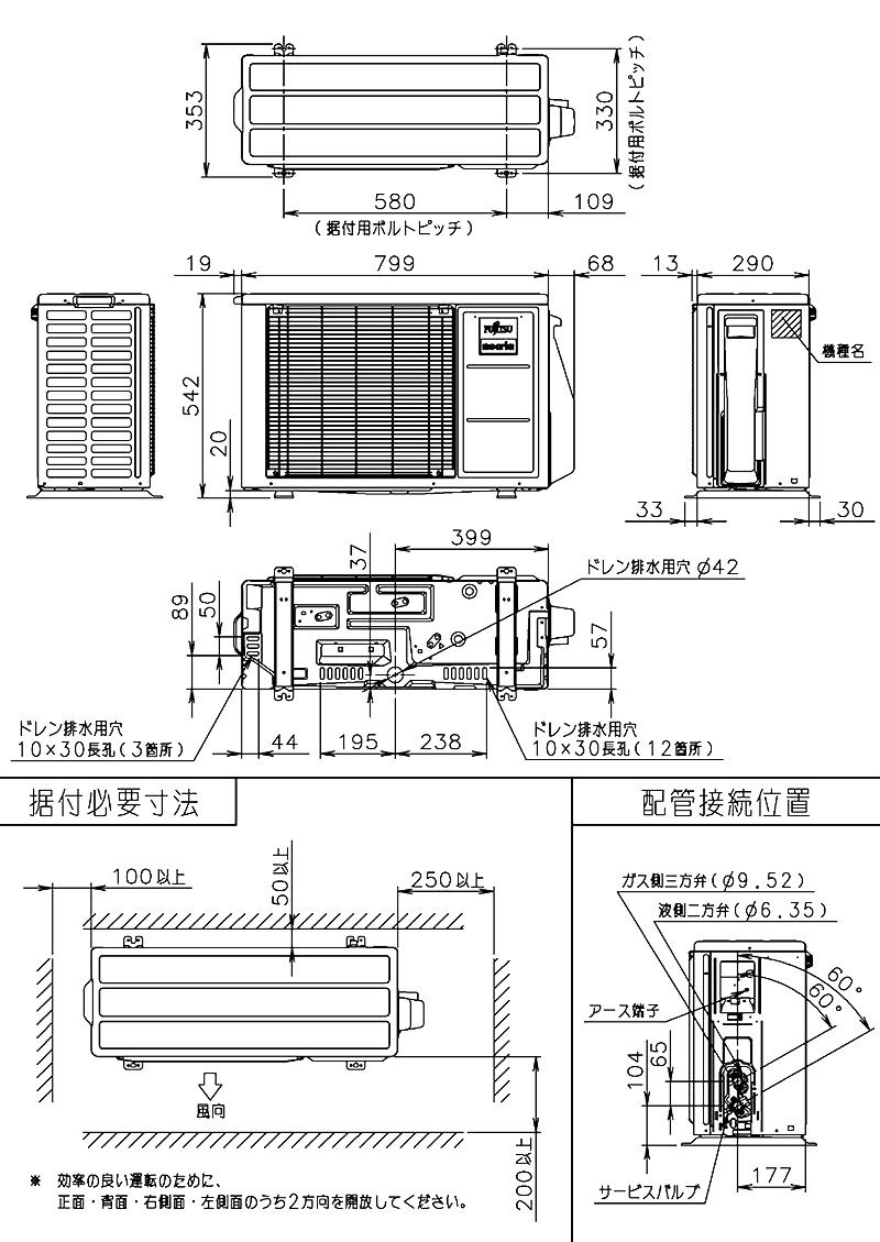 室外機寸法、据付スペース