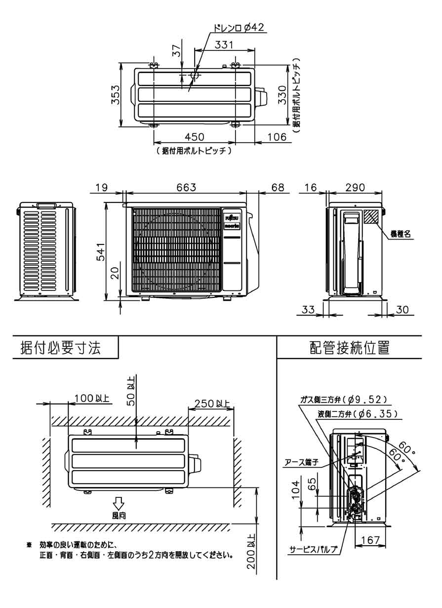 室外機寸法、据付スペース