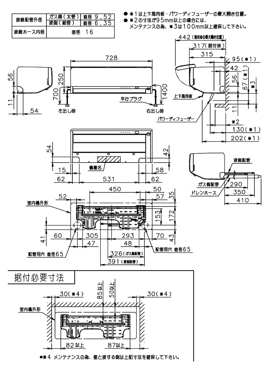 室内機寸法、据付スペース
