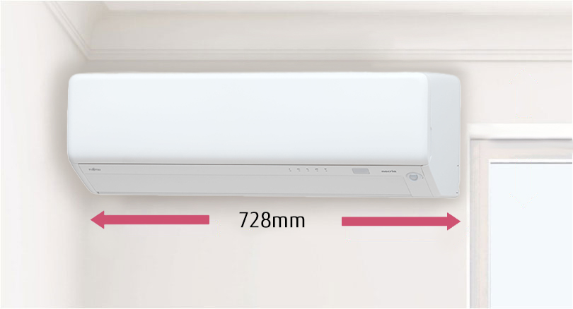 室内機寸法　高さ250ｍｍ　幅728ｍｍ　壁から窓枠まで一般的に800mm~900mm