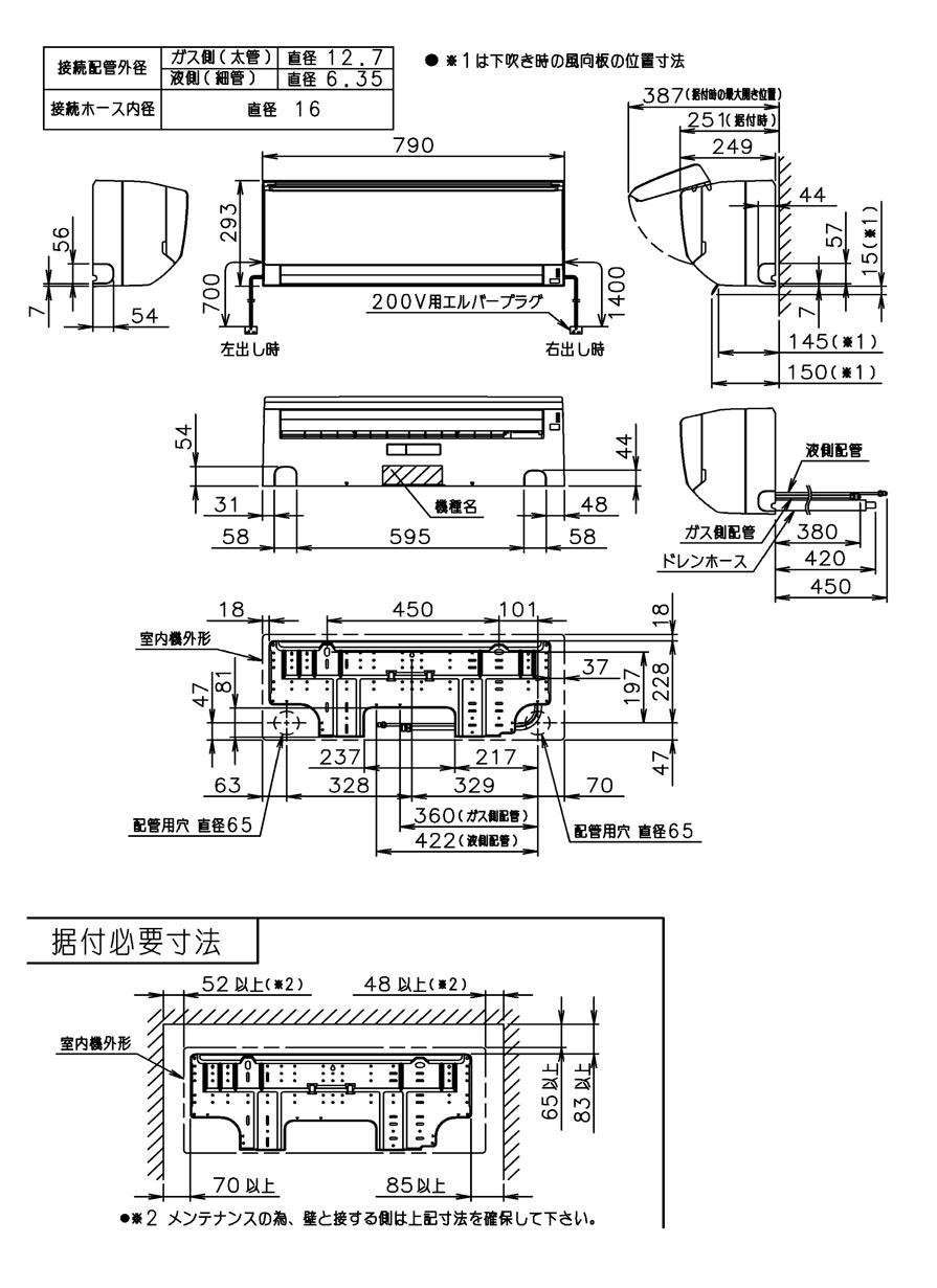 室内機寸法、据付スペース