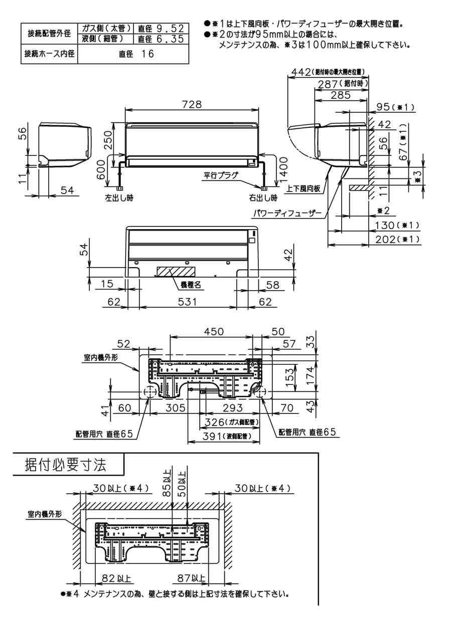 室内機寸法、据付スペース