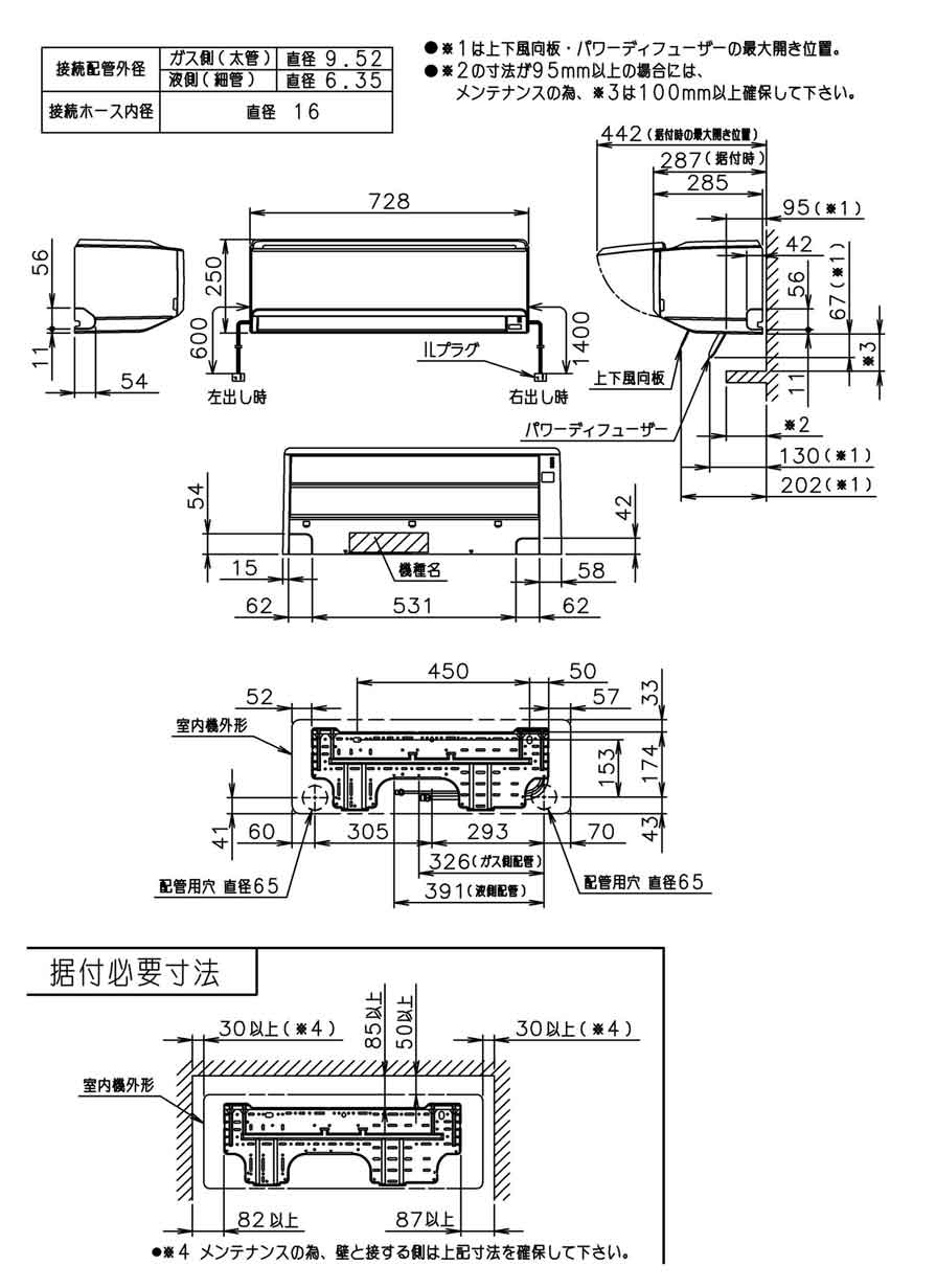 室内機寸法、据付スペース