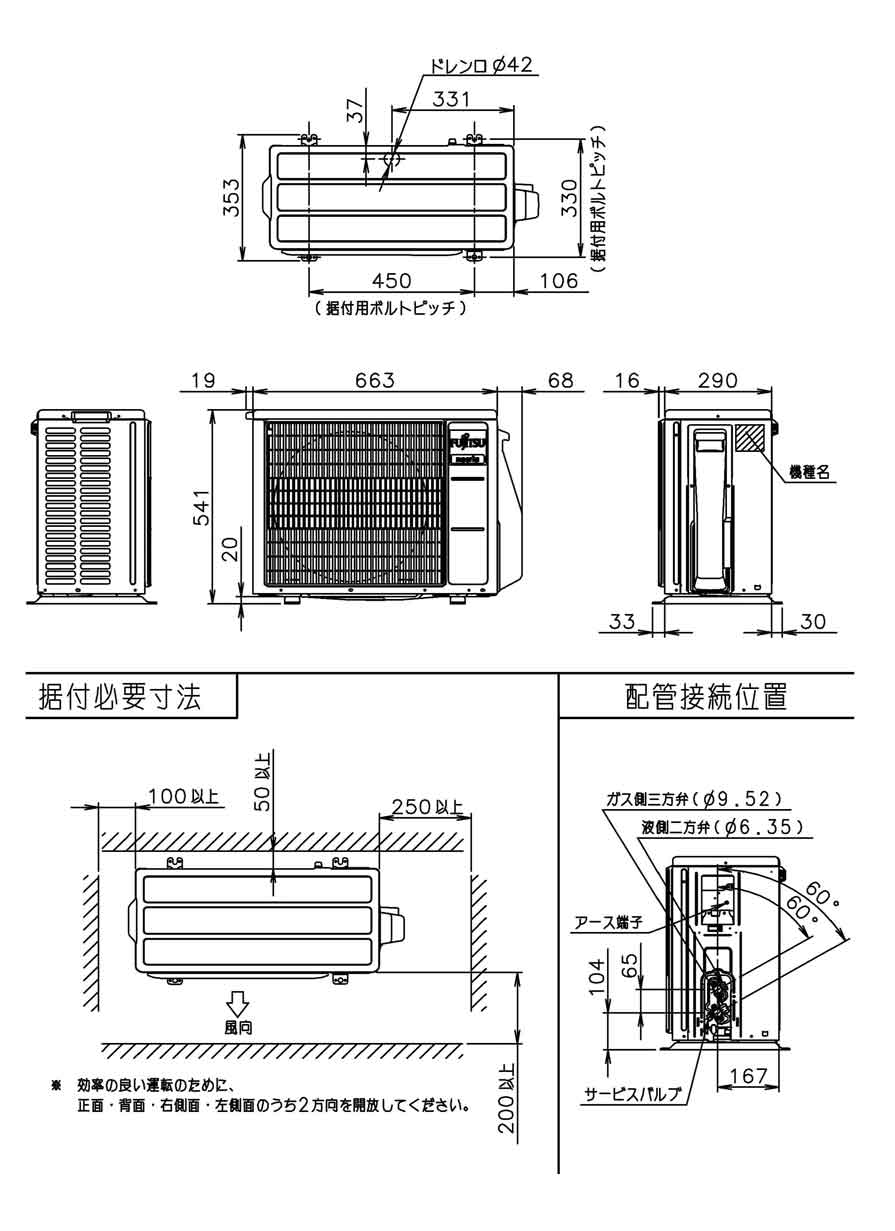 室外機寸法、据付スペース