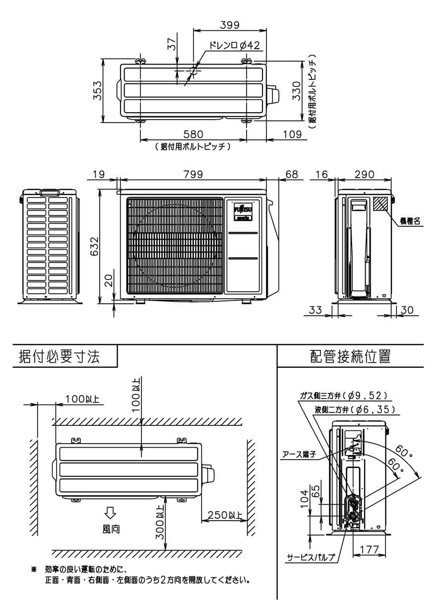 室外機寸法、据付スペース 室外機寸法、据付スペース