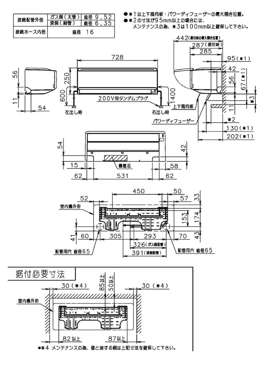 室内機寸法、据付スペース