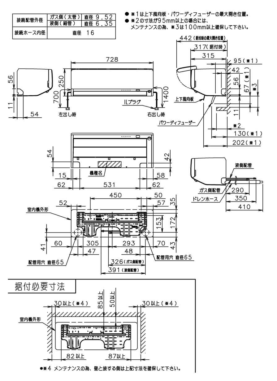 室内機寸法、据付スペース