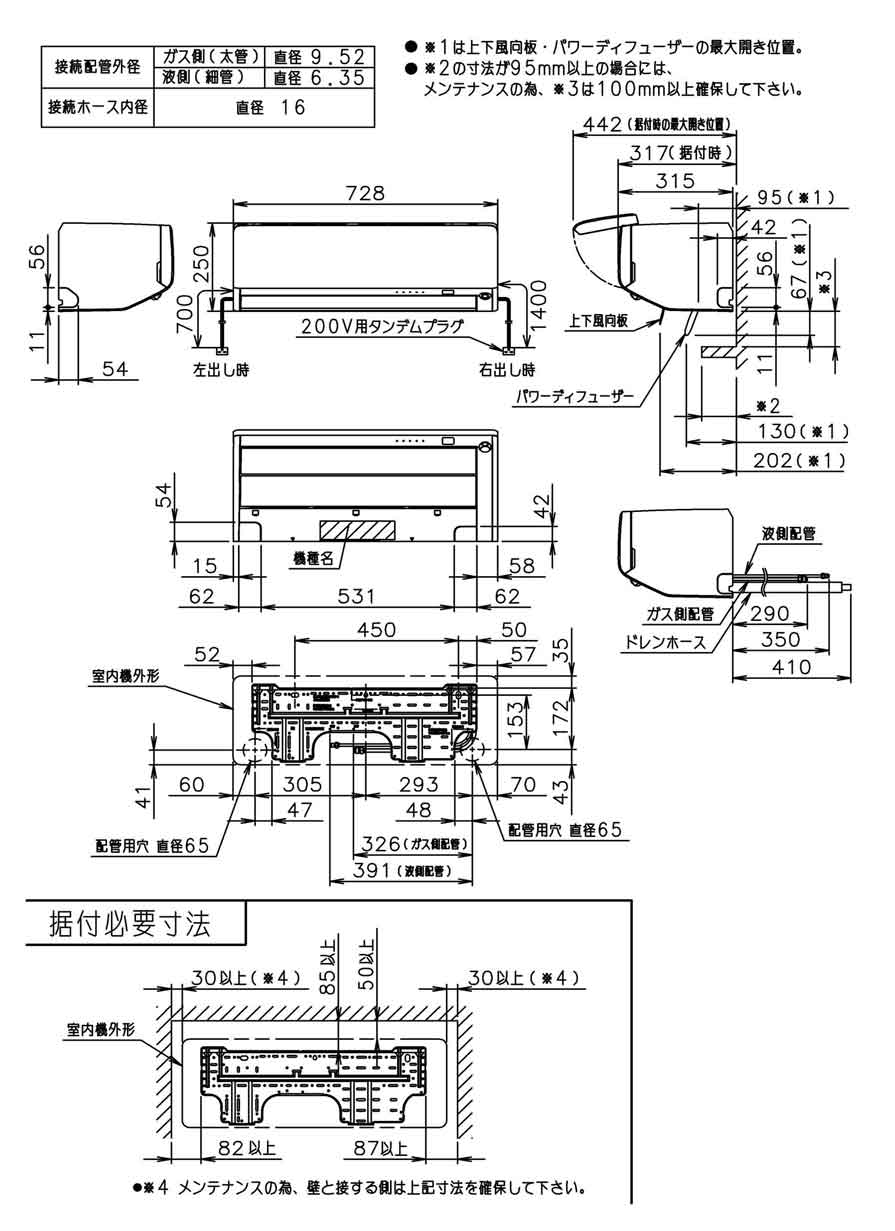 室内機寸法、据付スペース