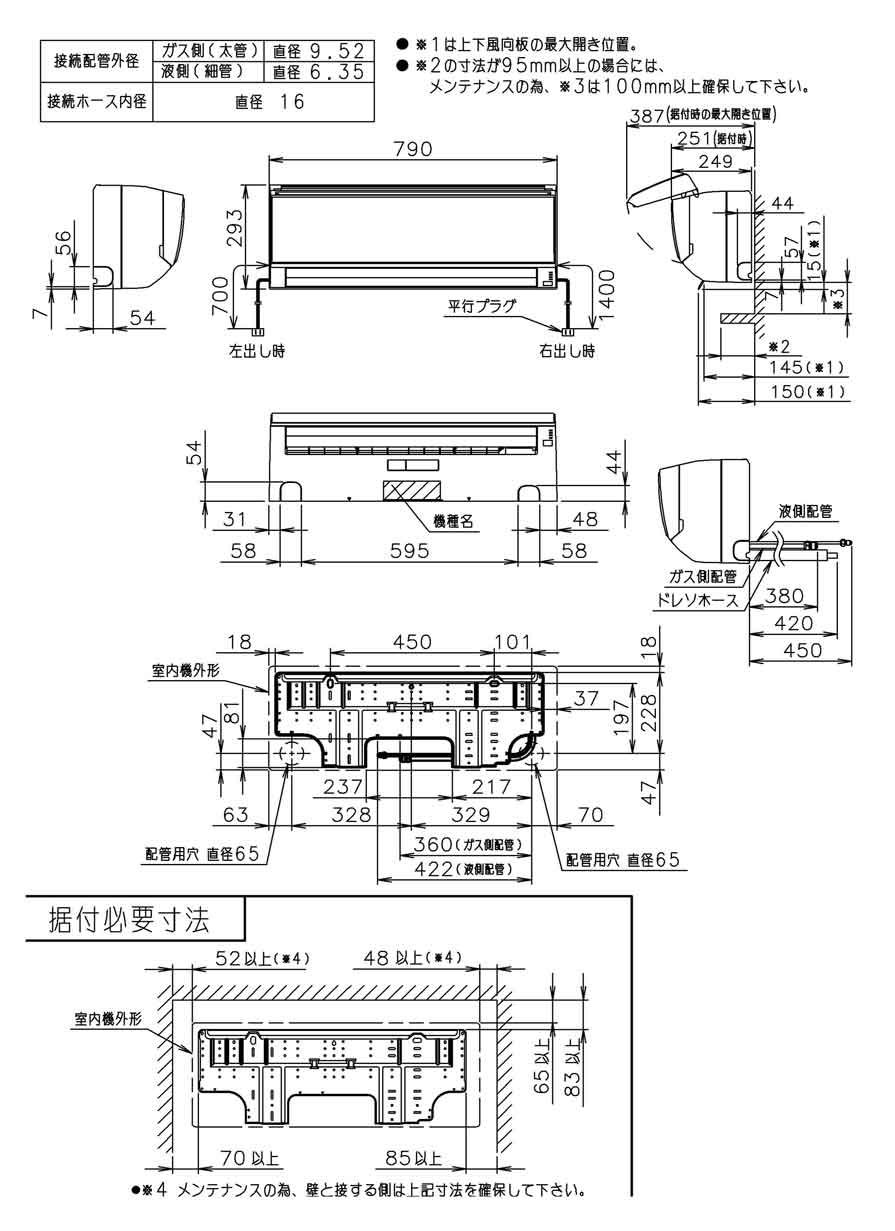室内機寸法、据付スペース