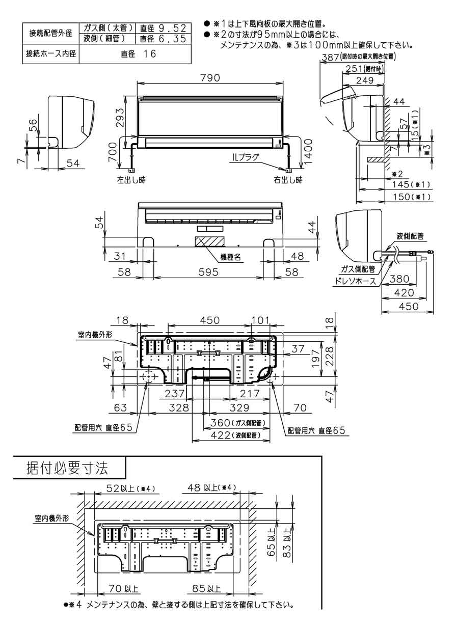 室内機寸法、据付スペース