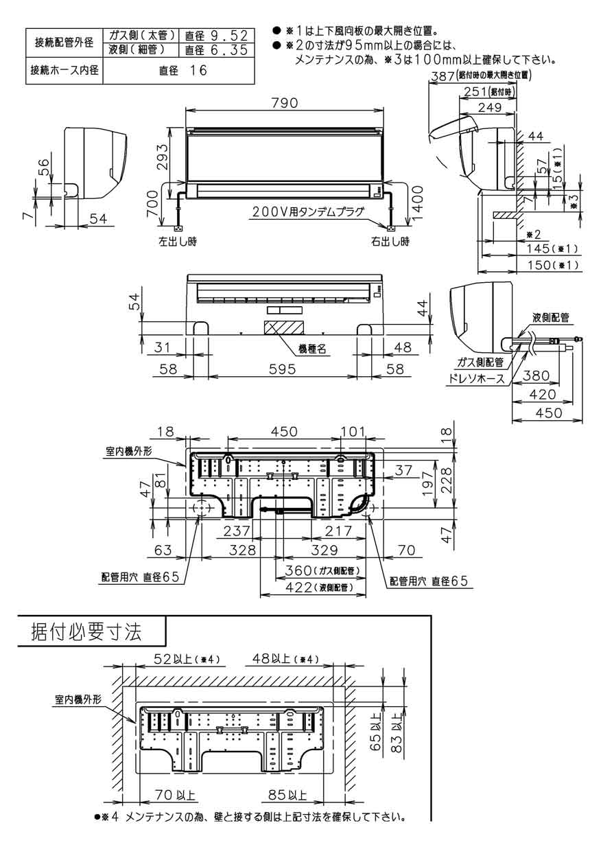 室内機寸法、据付スペース