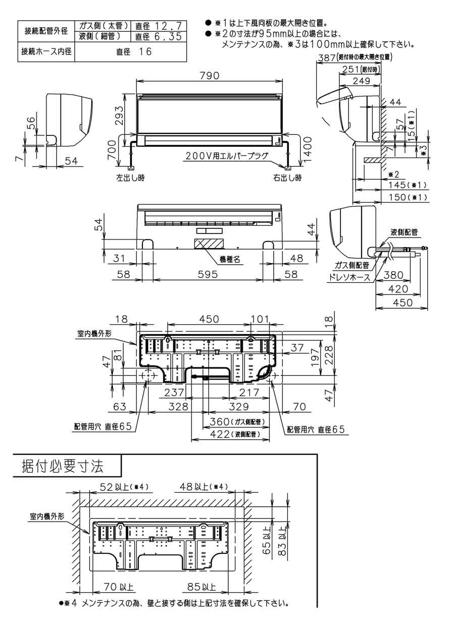 室内機寸法、据付スペース 室内機寸法、据付スペース