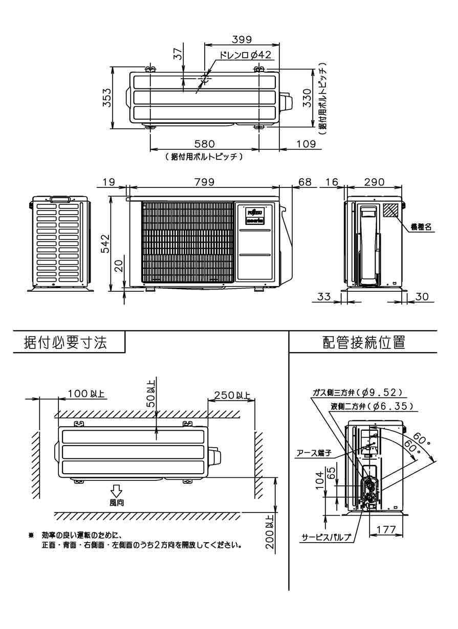 室外機寸法、据付スペース