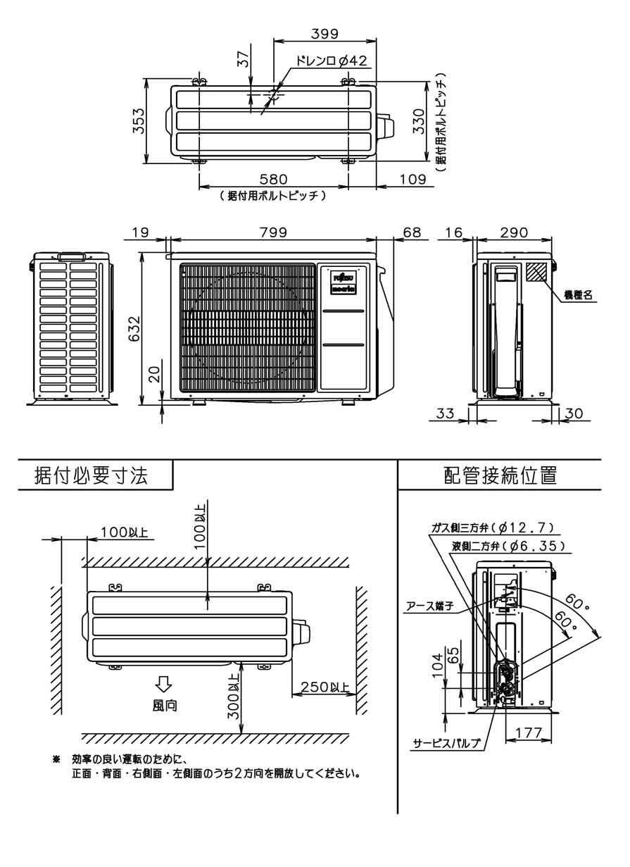 室外機寸法、据付スペース 室外機寸法、据付スペース