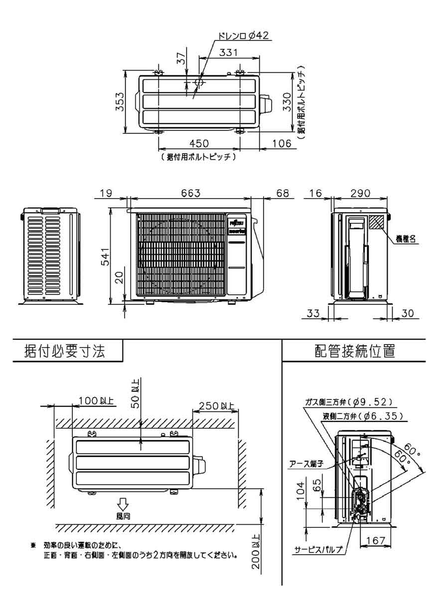 室外機寸法、据付スペース