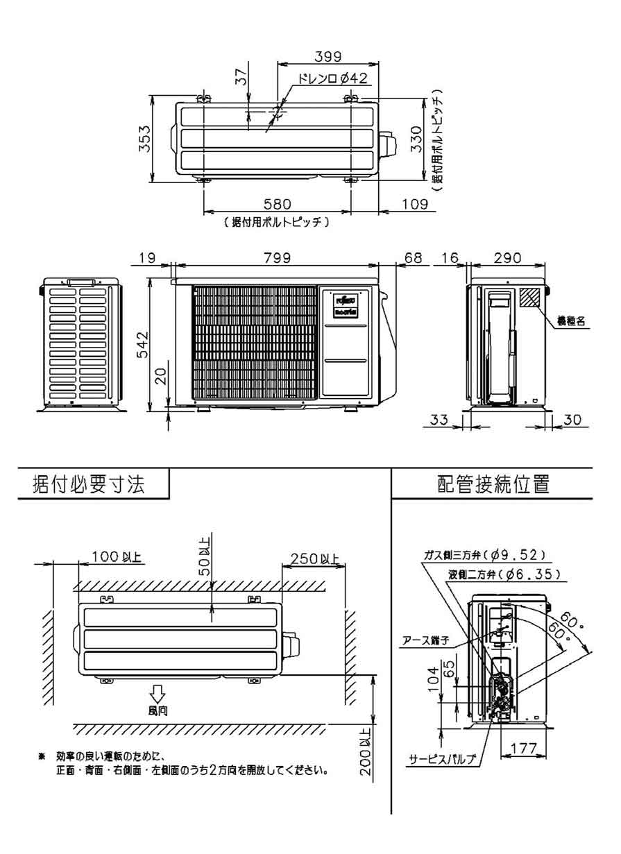 室外機寸法、据付スペース