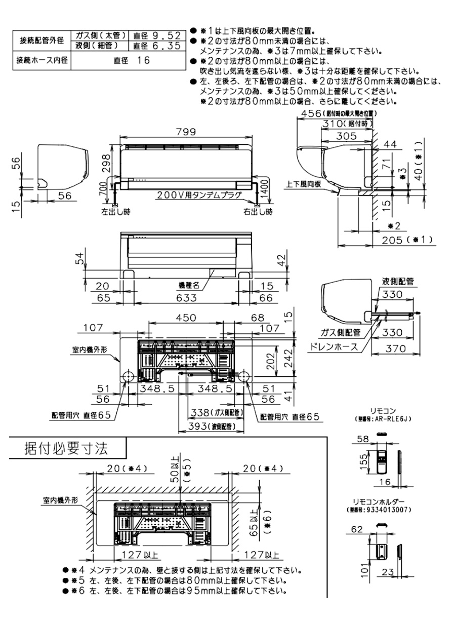 室内機寸法、据付スペース