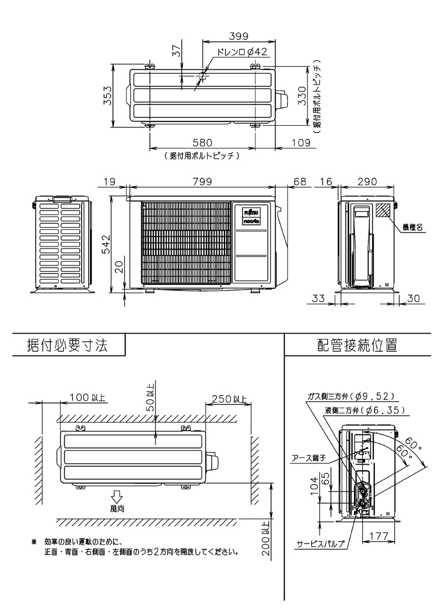 室外機寸法、据付スペース