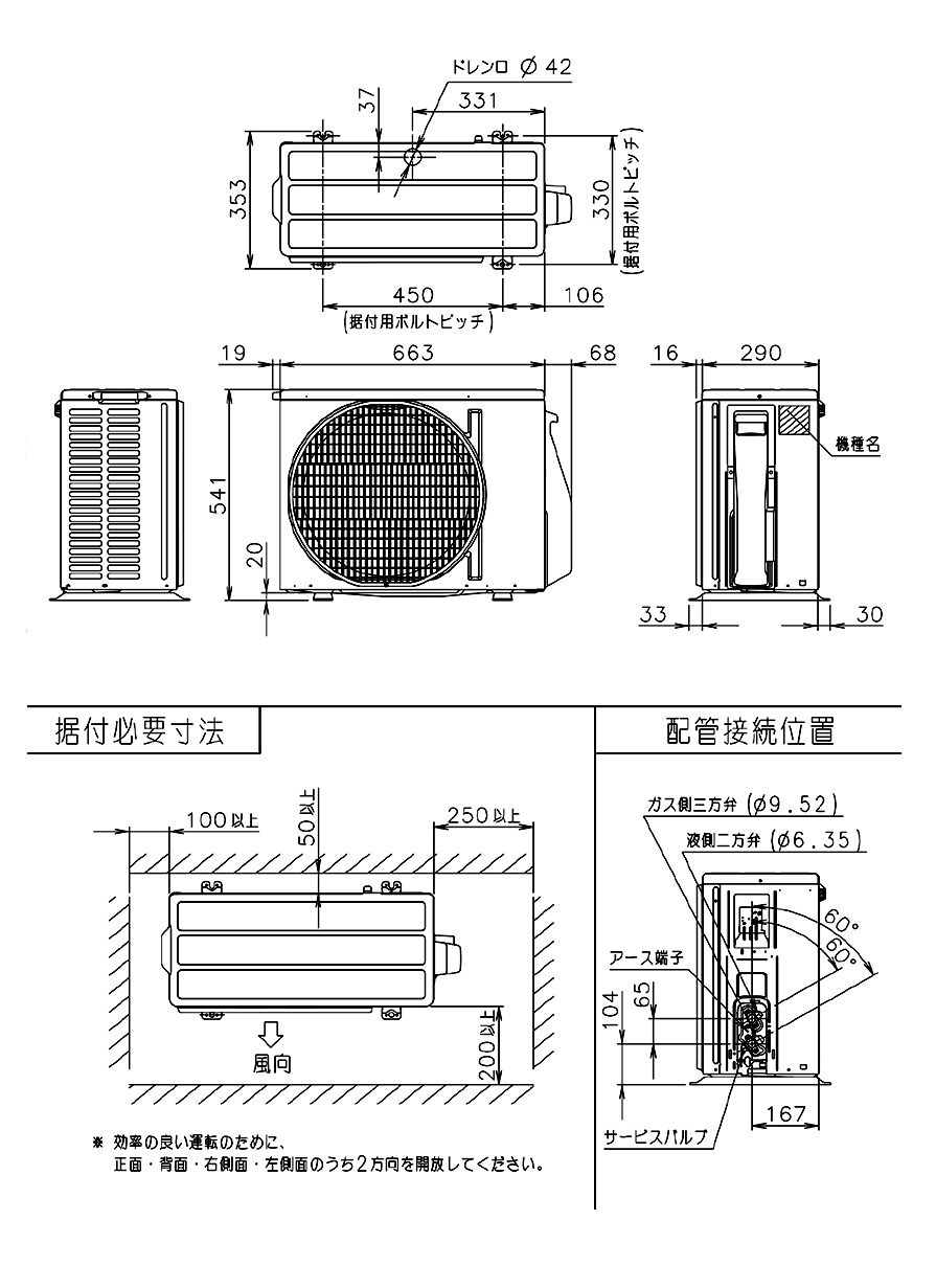 室外機寸法、据付スペース